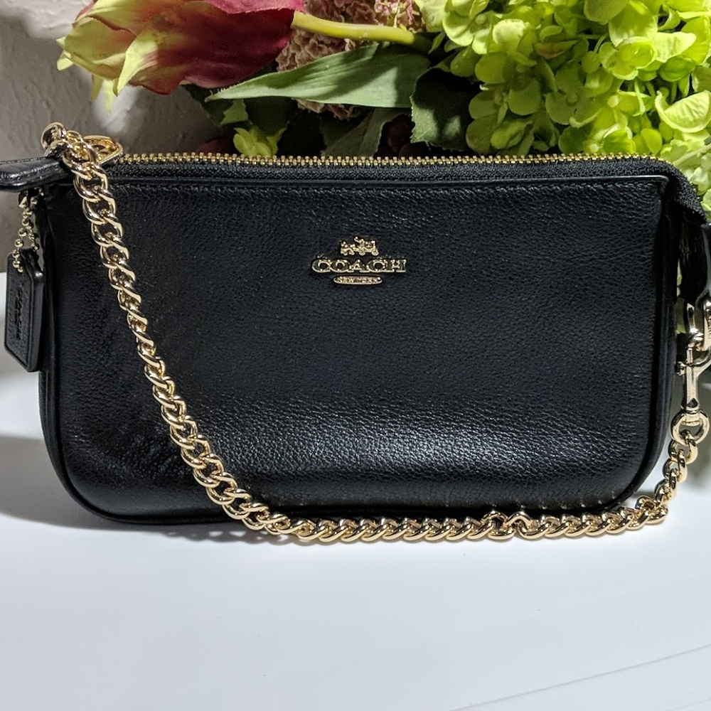 Coach black leather clutch gold chain